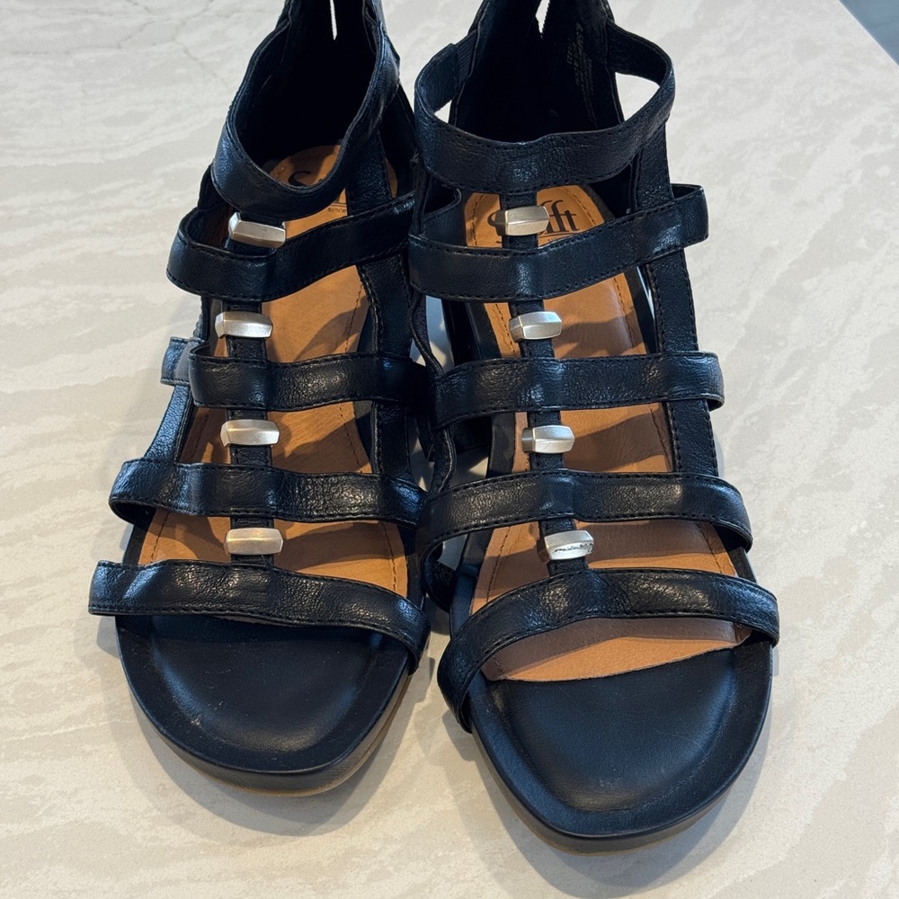 Sofft Black Leather Strappy Sandals with Silver Accents